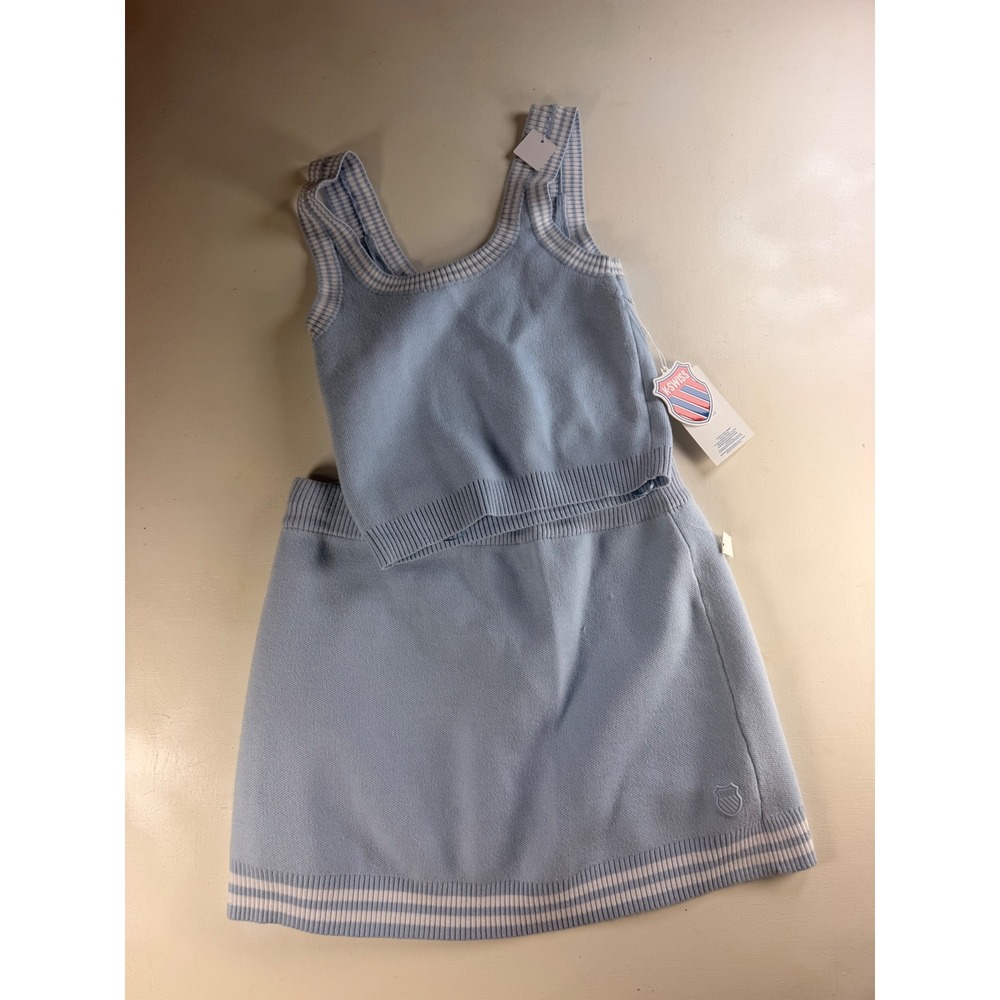 K-Swiss Set Women Blue Y2K Preppy Knit Crop Tank Mini Skirt 2pc